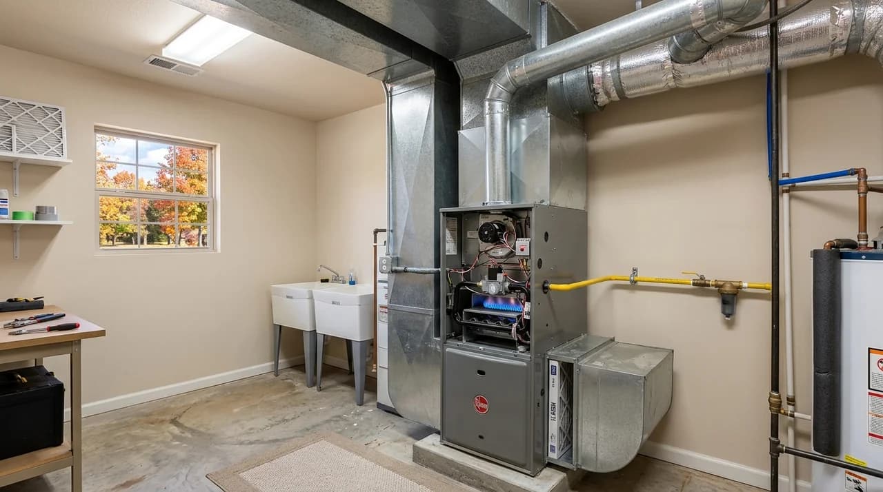 Gas furnace with its access panel open in a utility room, fall leaves visible through the window