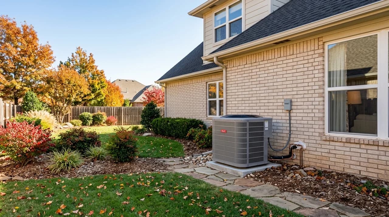Outdoor heat pump unit beside a brick home with fall foliage in the yard